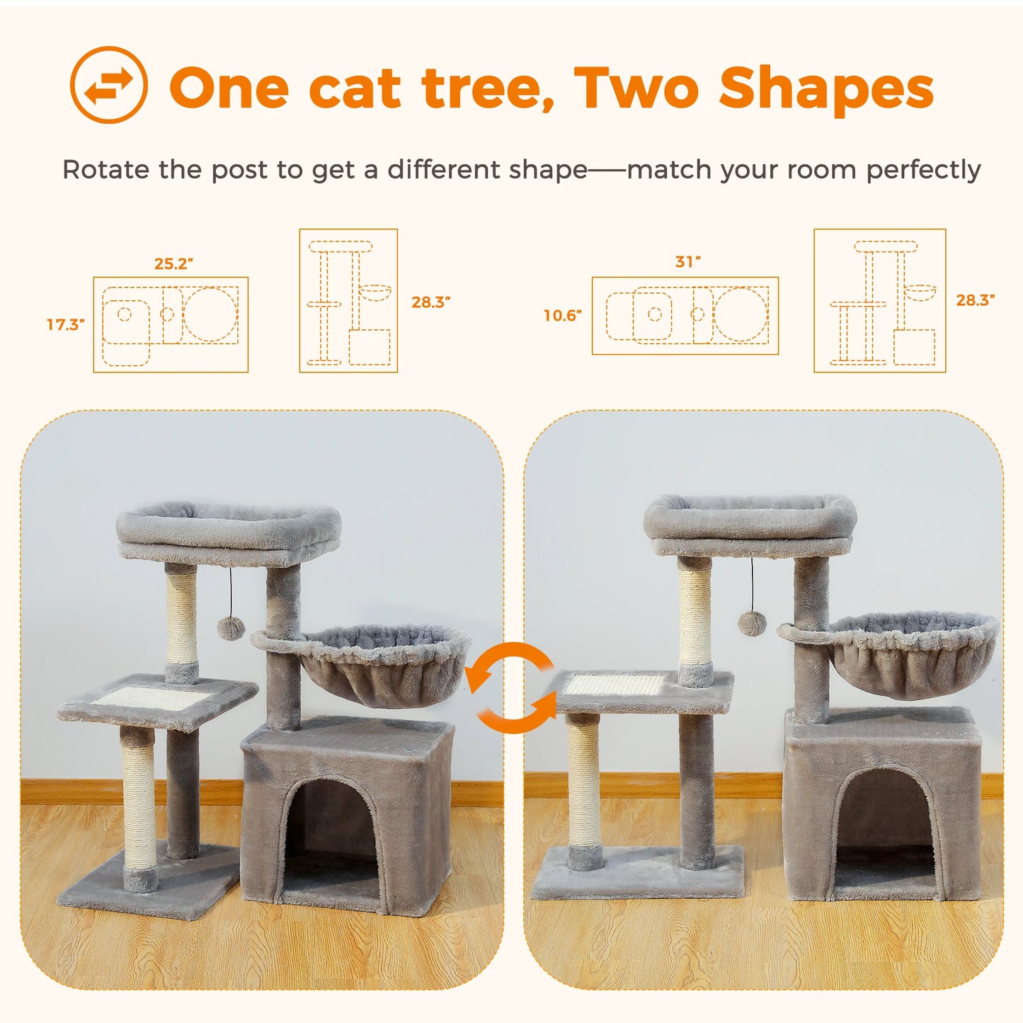 Cat tree With Scratching Posts and Big Hammock and Removable Top Perch