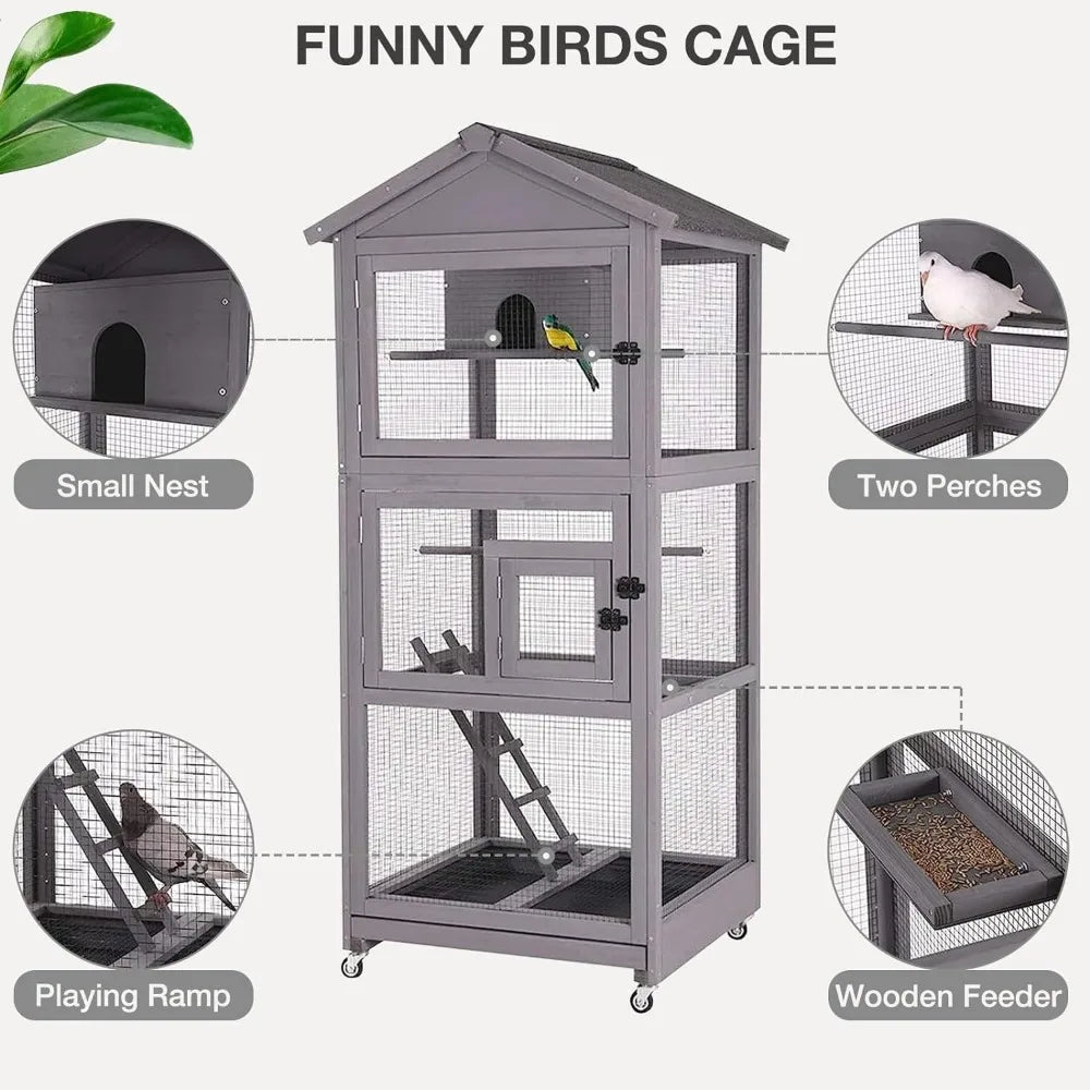 Large Bird Cage Outdoor Indoor Parakeet Cage with Wheels, Perch and Deep Removable Pull-Out Tray for Parrot, Dove, Canaries