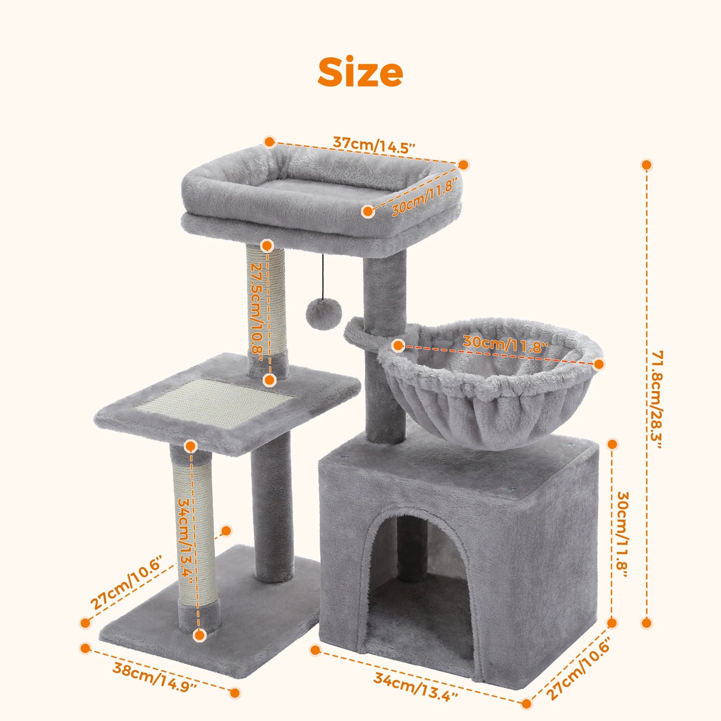 Cat tree With Scratching Posts and Big Hammock and Removable Top Perch