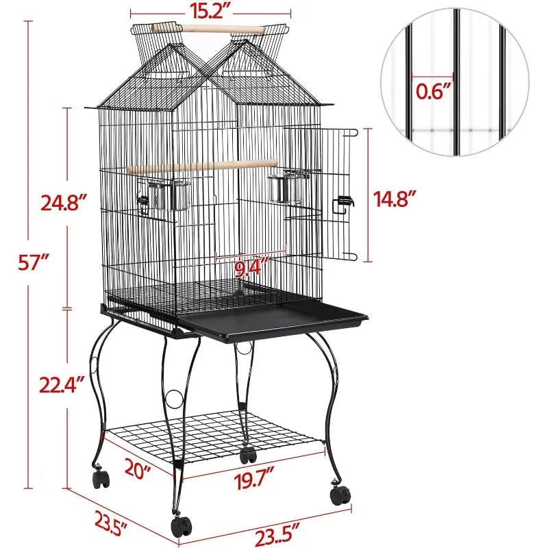 57-Inch Rolling Open Top Roof Bird Cage for Mid-Sized Birds