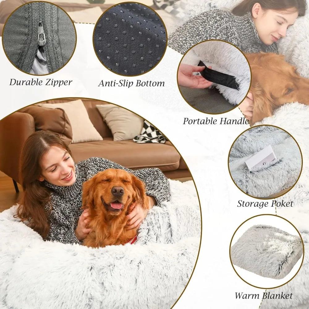 Big Plush Dog Bed for Humans and Large dogs Napping With Blanket