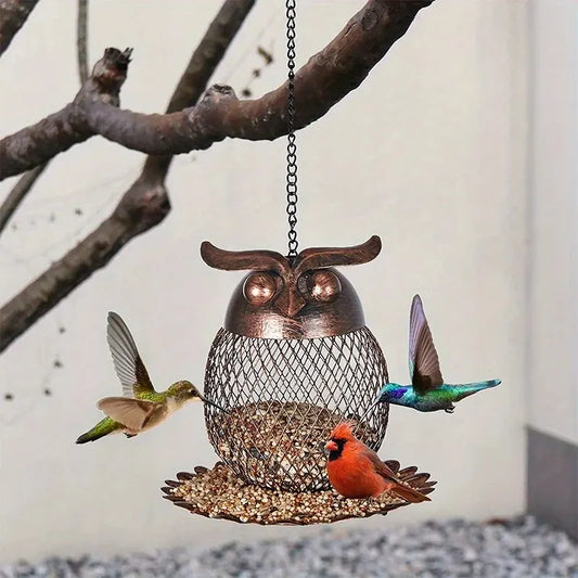 Heavy Duty Copper Metal Mesh Owl Shaped Feeder and a Solar Bird Feeder