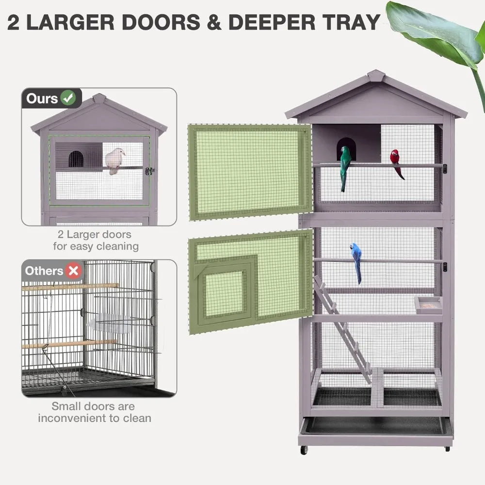 Large Bird Cage Outdoor Indoor Parakeet Cage with Wheels, Perch and Deep Removable Pull-Out Tray for Parrot, Dove, Canaries