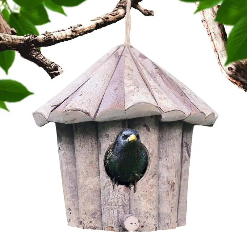 Wooden Nest Hanging Bird House. Natural Wood  Outdoor Birdhouse