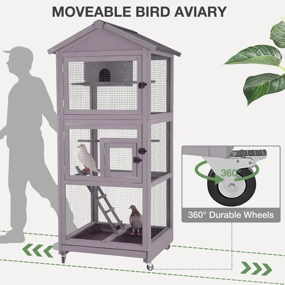 Large Bird Cage Outdoor Indoor Parakeet Cage with Wheels, Perch and Deep Removable Pull-Out Tray for Parrot, Dove, Canaries