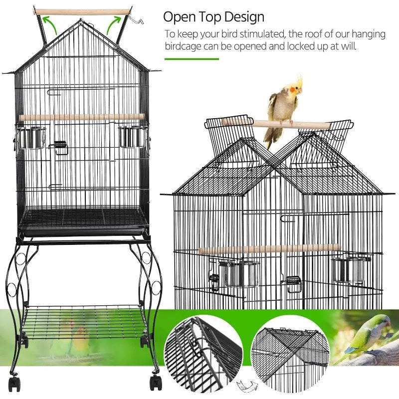 57-Inch Rolling Open Top Roof Bird Cage for Mid-Sized Birds