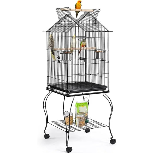 57-Inch Rolling Open Top Roof Bird Cage for Mid-Sized Birds