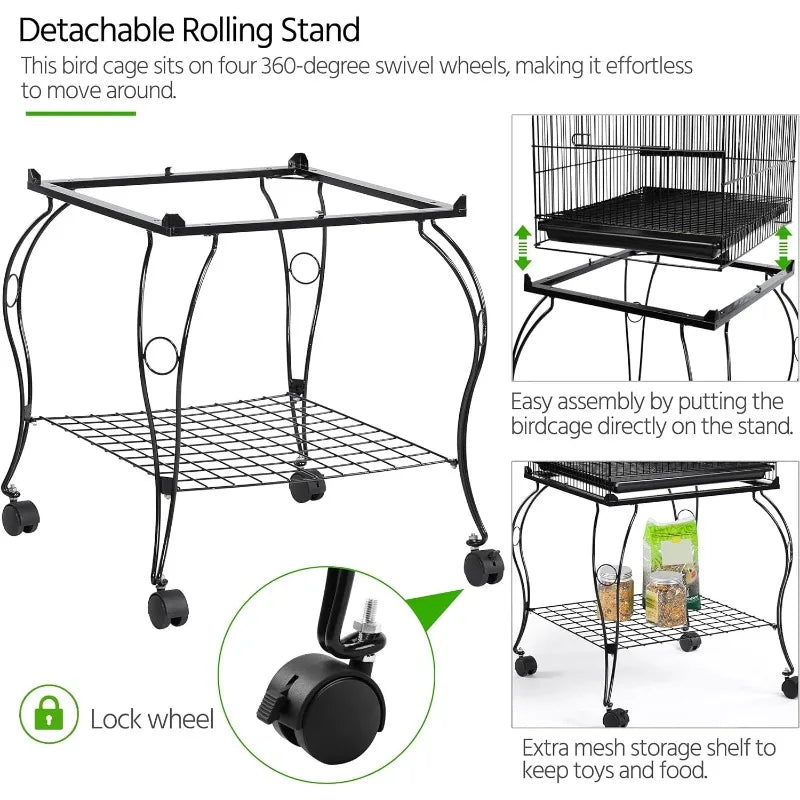 57-Inch Rolling Open Top Roof Bird Cage for Mid-Sized Birds