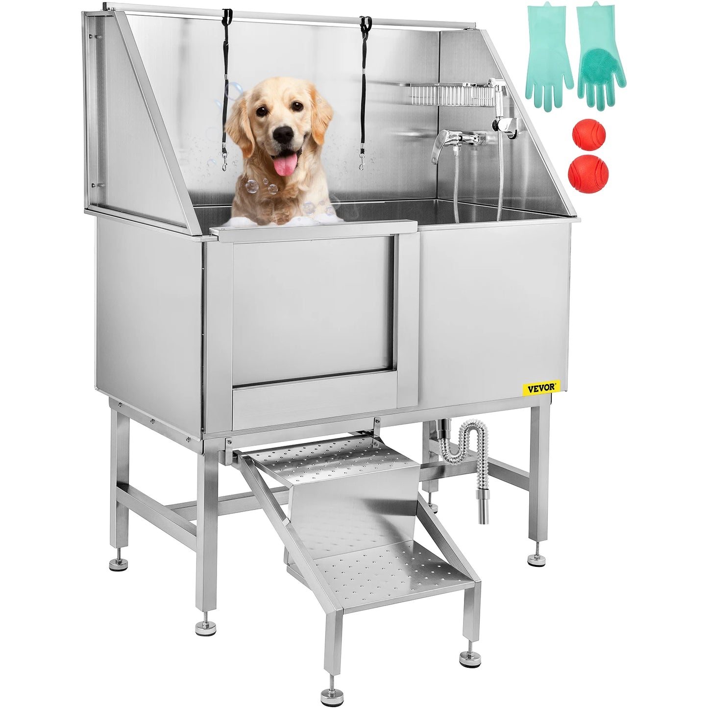 VEVOR 50 Inch Dog Grooming Tub Professional Stainless Steel Pet Dog Bath Tub With Steps Faucet & Accessories Dog Washing Station